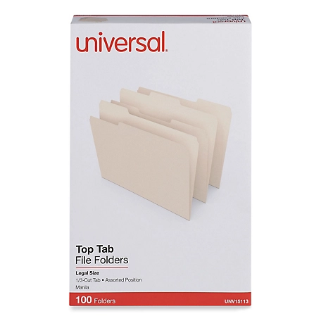 Universal Top Tab Manila File Folders, 1/3-Cut Tabs, Assorted Positions, Legal Size, 11 Point Manila, 100 pk.