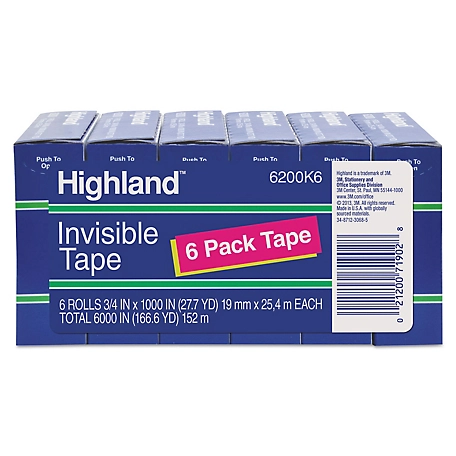 Highland Invisible Permanent Mending Tape, 1 in. Core, 0.75 in. x 83.33 ft., Clear, 6-Pack