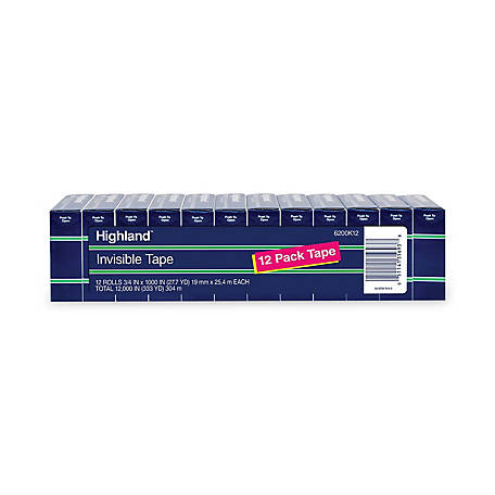 Highland Invisible Permanent Mending Tape, 1 in. Core, 0.75 in. x 83.33 ft., Clear, 12-Pack