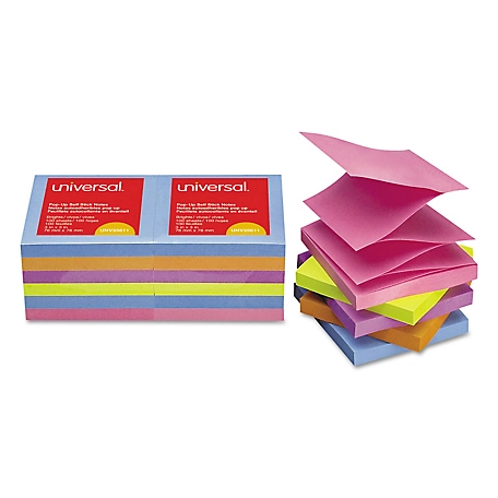 Universal Fan-Folded Self-Stick Pop-Up Note Pads, Assorted, 3 in. x 3 in., 100 Sheets, 12 pk.