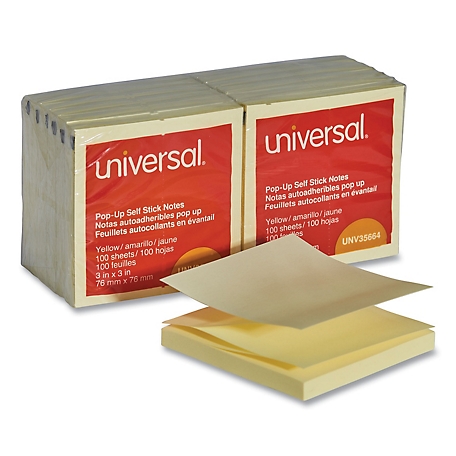 Universal Fan-Folded Self-Stick Pop-Up Note Pads, Yellow, 3 x 3in., 100 Sheets, 12-Pack
