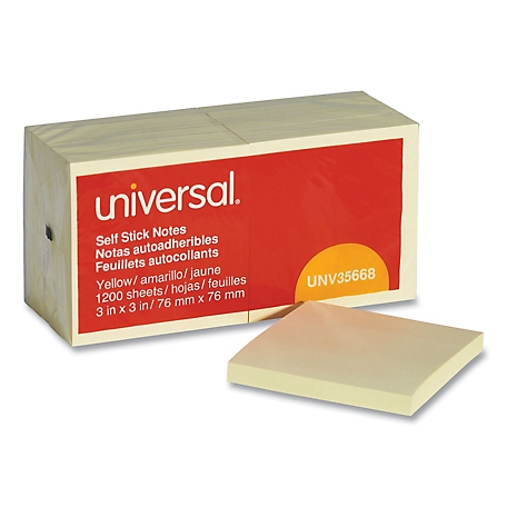 Universal Self-Stick Note Pads, 3 x 3in., Yellow, 100 Sheets, 12-Pack