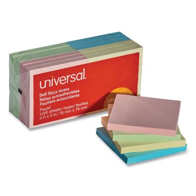 Universal Self-Stick Note Pads, 3 in. x 3 in., Assorted Pastel Colors, 100 Sheets, 12-Pack