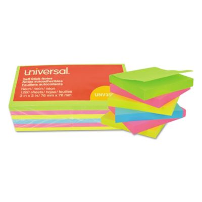 Universal Self-Stick Note Pads, 3 x 3in., Assorted Neon Colors, 100 Sheets, 12-Pack