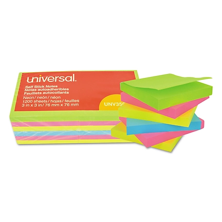 Universal Self-Stick Note Pads, 3 in. x 3 in., Assorted Neon Colors, 100 Sheets, 12 pk.