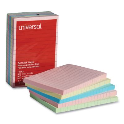 Universal Self-Stick Note Pads, 4 x 6in., Lined, Assorted Pastel Colors, 100 Sheets, 5-Pack