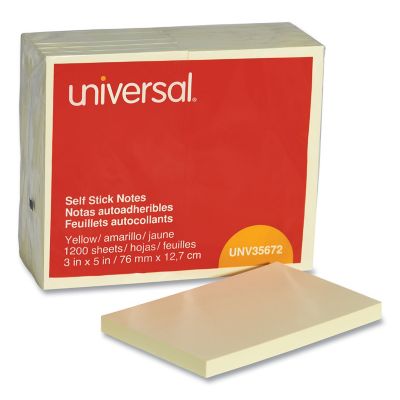 Universal Self-Stick Note Pads, 3 in. x 5 in., Yellow, 100 Sheets, 12-Pack