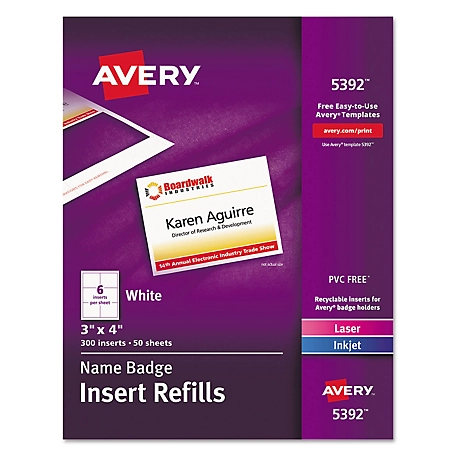 Avery Name Badge Insert Refills, Horizontal/Vertical, 3 in. x 4 in., White, 300-Pack
