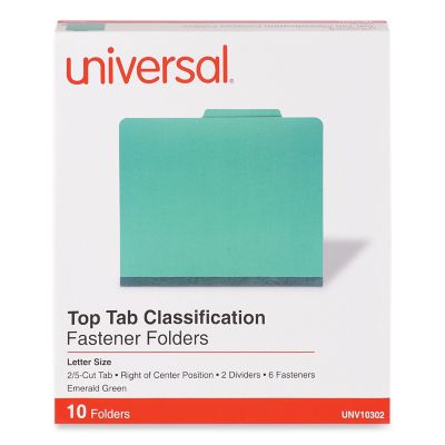 Universal Bright-Colored Pressboard Classification Folders, 2 Dividers, Letter Size, Emerald Green, 10 pk.