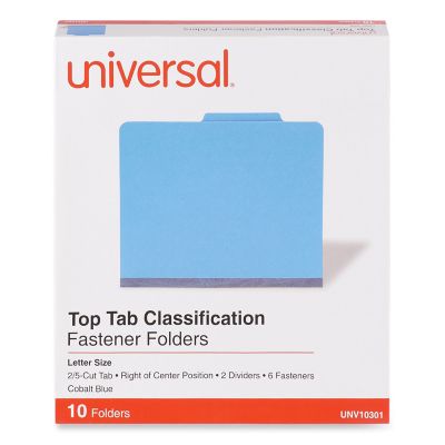 Universal Bright-Colored Pressboard Classification Folders, 2 Dividers, Letter Size, Cobalt Blue, 10-Pack