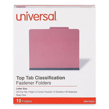 Universal Bright-Colored Pressboard Classification Folders, 2 Dividers, Letter Size, Ruby Red, 10-Pack