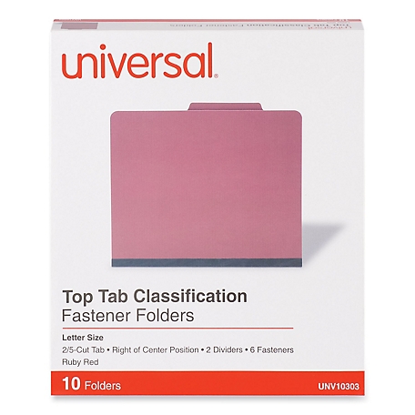 Universal Bright-Colored Pressboard Classification Folders, 2 Dividers, Letter Size, Ruby Red, 10 pk.