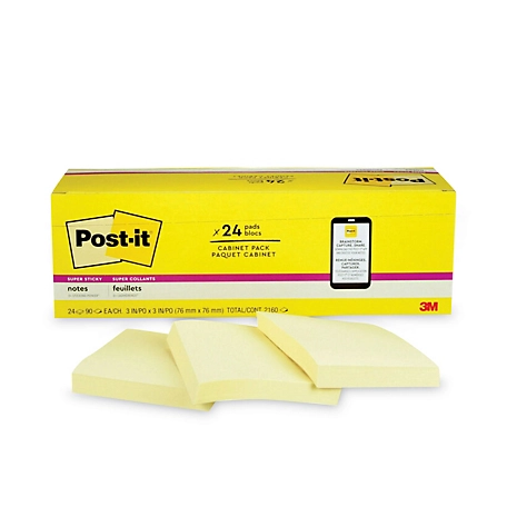 Post-it Notes Super Sticky Canary Yellow Note Pads, 3 in. x 3 in., 90 Sheets, 24 pk.