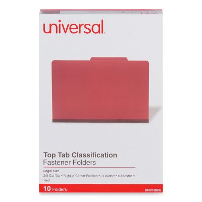 Universal 6-Section Pressboard Classification Folders, 2 Dividers, Legal Size, Red, 10-Pack
