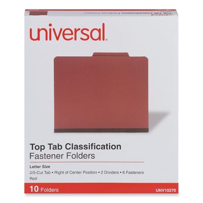 Universal 6-Section Pressboard Classification Folders, 2 Dividers, Letter Size, Red, 10-Pack
