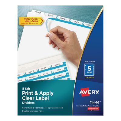 Avery Print and Apply Index Maker Label Dividers, 5 White Tabs, Letter Size, Clear, 25 Sets