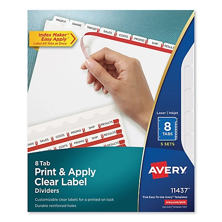 Avery Print and Apply Index Maker Label Dividers, 8 White Tabs, Letter Size, Clear, 5 Sets
