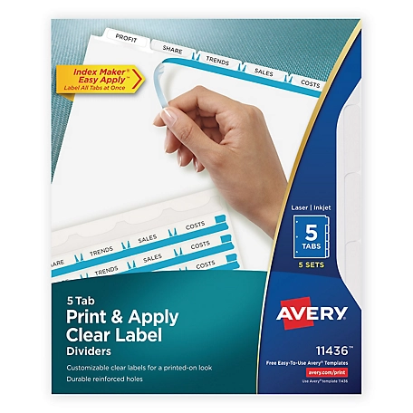 Avery Print and Apply Index Maker Label Dividers, 5 White Tabs, Letter Size, Clear, 5 Sets