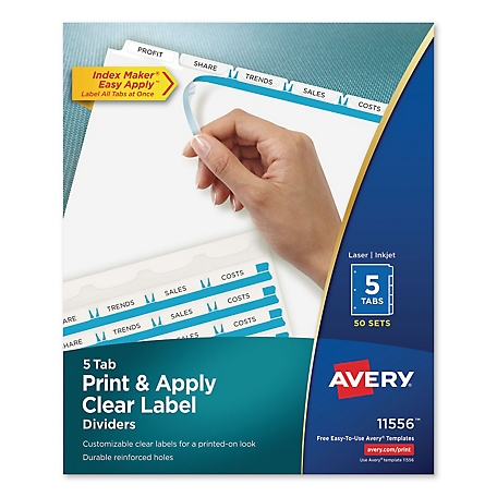 Avery Print and Apply Index Maker Label Dividers, 5 White Tabs, Letter Size, Clear, 50 Sets