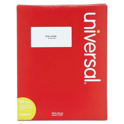 Universal White Labels, Inkjet per Laser Printers, 2 in. x 4 in., White, 10 Per Sheet, 100 Sheets