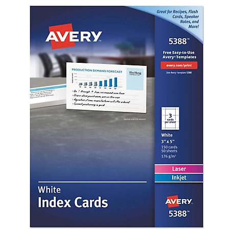 Avery Printable Index Cards with Sure Feed for Laser and Inkjet Printers, 3 in. x 5 in., White, 150 pk.