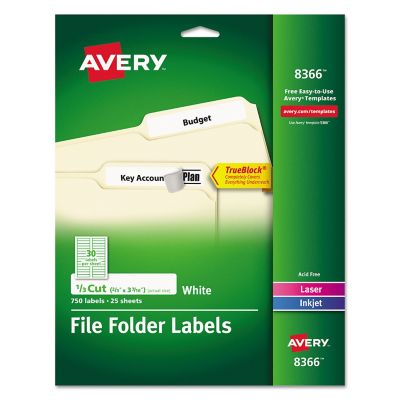 Avery Permanent TrueBlock File Folder Labels with Sure Feed Technology, 0.66 in. x 3.44 in., White, 25 pk.