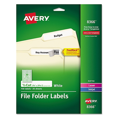 Avery Permanent TrueBlock File Folder Labels with Sure Feed Technology, 0.66 in. x 3.44 in., White, 25 pk.