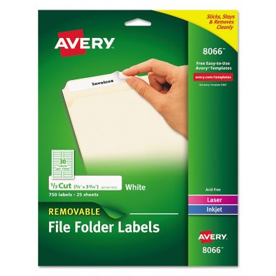 Avery Removable File Folder Labels with Sure Feed Technology, 0.66 in. x 3.44 in., White, 25-Pack