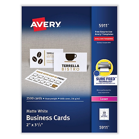 Avery Printable Microperforated Business Cards with Sure Feed Technology, 2 in. x 3-1/2 in., White, 2,500-Pack