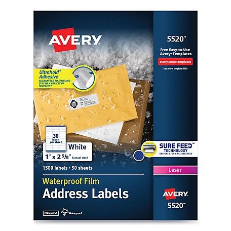 Avery Waterproof Address Labels with TrueBlock and Sure Feed Technology, 1 in. x 2.63 in., White, 50 pk.