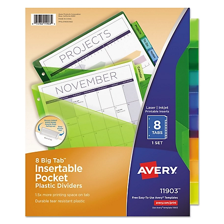 Avery 1-Pocket Insertable Big Tab Plastic Dividers, 8-Tab, 11.13 in. x 9.25 in., Assorted