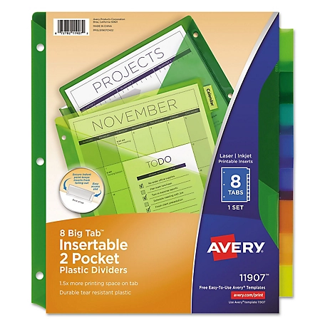 Avery 2-Pocket Insertable Big Tab Plastic Dividers, 8-Tab, 11.13 in. x 9.25 in., Assorted