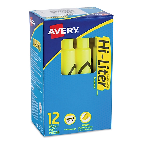 Avery Hi-Liter Desk-Style Highlighters, Chisel Tip, Fluorescent Yellow, 12-Pack