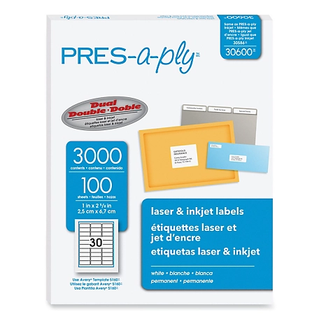 PRES-a-ply Labels, Laser Printers, 1 in. x 2.63 in., White