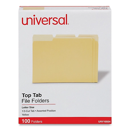 Universal Deluxe Colored Top Tab File Folders, 1/3-Cut Tabs, Letter Size, Light Yellow, 100-Pack