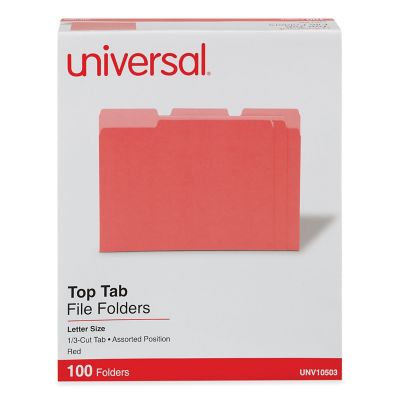 Universal Deluxe Colored Top Tab File Folders, 1/3-Cut Tabs, Letter Size, Light Red, 100-Pack