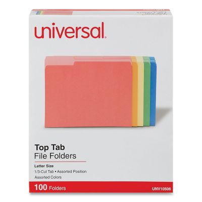 Universal Deluxe Colored Top Tab File Folders, 1/3-Cut Tabs, Letter Size, Multicolor, 100-Pack