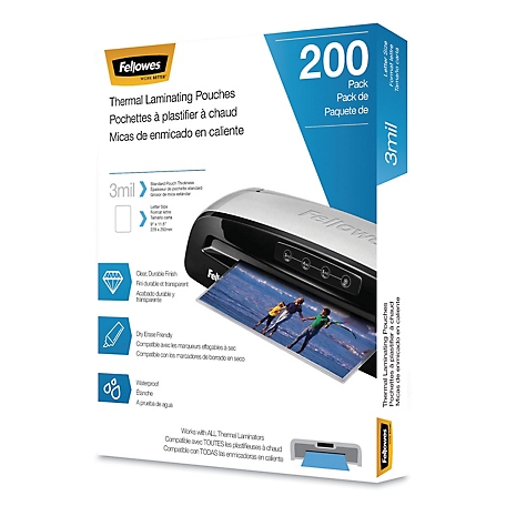 Fellowes Laminating Pouches, 3 Mil, 9 in. x 11.5 in., Gloss Clear, 200 pk.