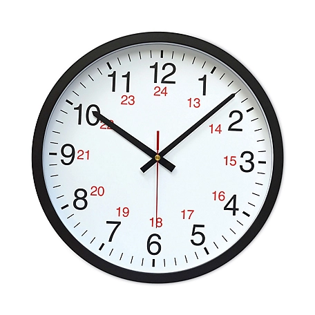 Universal 12.63 in. 24-Hour Round Wall Clock, Black Case, 1 AA (Sold Separately)