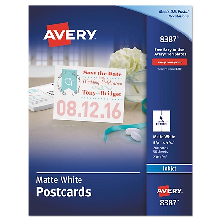 Avery Cardstock Postcards for Inkjet Printers, 4-1/4 in. x 5-1/2 in., Matte White, 200-Pack