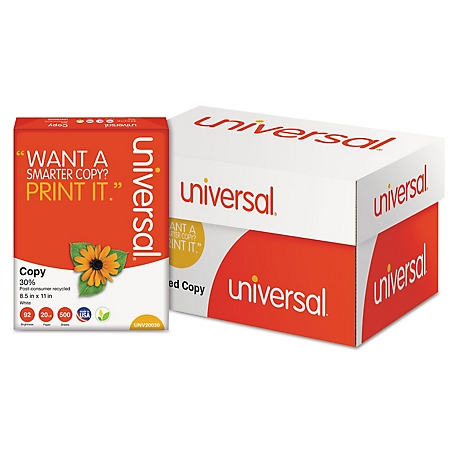 Universal 30% Recycled Copy Paper, 92 Brightness, 20 lb., 8.5 in. x 11 in., White, 500 Sheets/Carton, 10 Reams/Carton