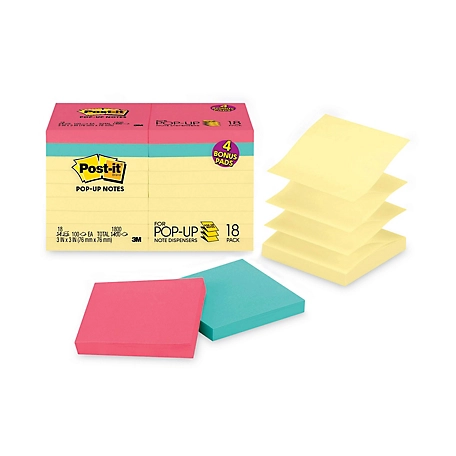 Post-it Pop-up Notes Original Value Pack, 3 in. x 3 in., Canary/Cape Town, 100 Sheets, 18-Pack