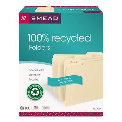 Smead 100% Recycled Manila Top Tab File Folders, 1/3-Cut Tabs, Letter Size, 100-Pack