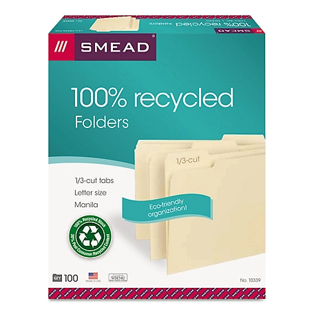 Smead 100% Recycled Manila Top Tab File Folders, 1/3-Cut Tabs, Letter Size, 100 pk.