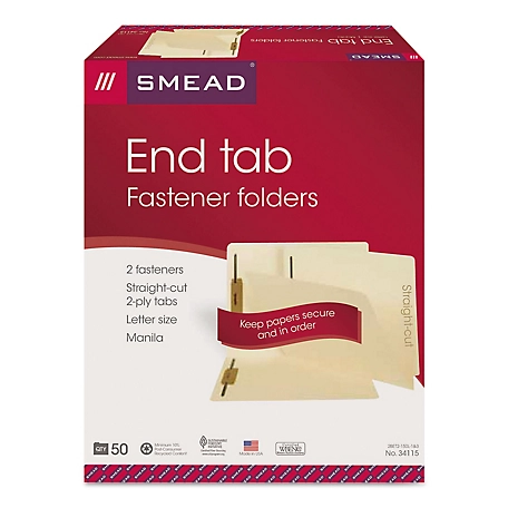 Smead Manila End Tab 2-Fastener File Folders with Reinforced Tabs, 0.75 in. Expansion, Letter Size, 11 Point, 50-Pack