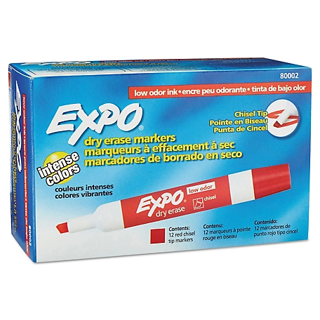 Expo Low-Odor Dry-Erase Markers, Broad Chisel Tip, Red, 12-Pack