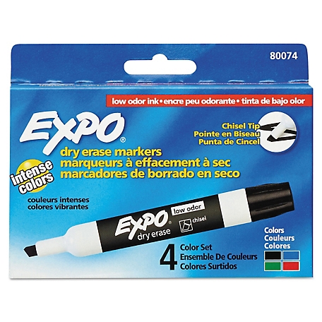 Expo Low-Odor Dry-Erase Markers, Broad Chisel Tip, Assorted, 4-Pack