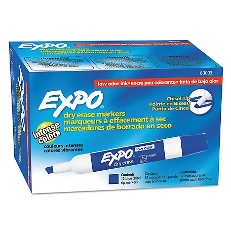 Expo Low-Odor Dry-Erase Markers, Broad Chisel Tip, Blue, 12-Pack