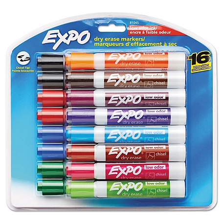 Expo Low-Odor Dry-Erase Markers, Broad Chisel Tip, Assorted, 16-Pack