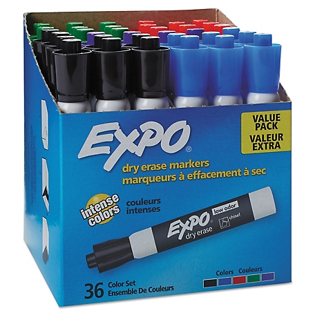 Expo Low-Odor Dry-Erase Markers, Broad Chisel Tip, Assorted, 36-Pack